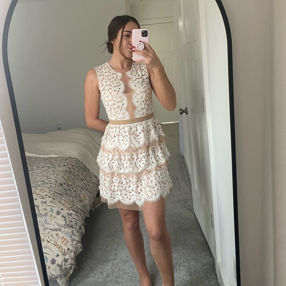 BCBG white lace ruffle dress